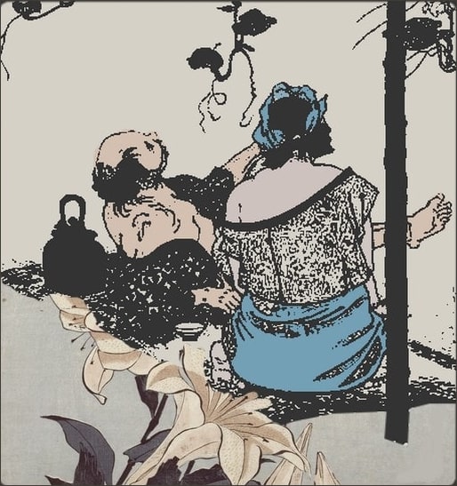 collage illustration colorisée un couple pique-nique tableau asiatique