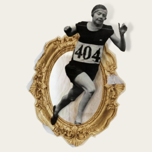 collage : une coureuse JO 1928 avec brassard 404 qui sort du cadre